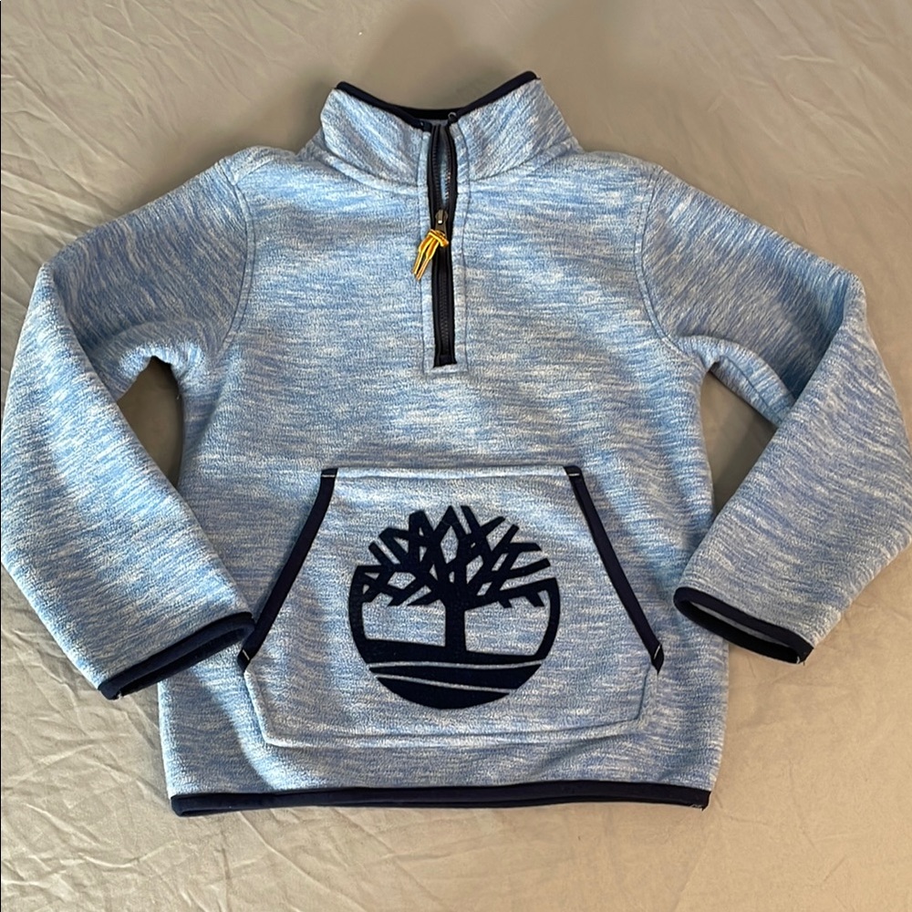 Timberland Kids Blue Fleece Quarter-Zip Pullover with Tree Logo Boys Size 5 Warm